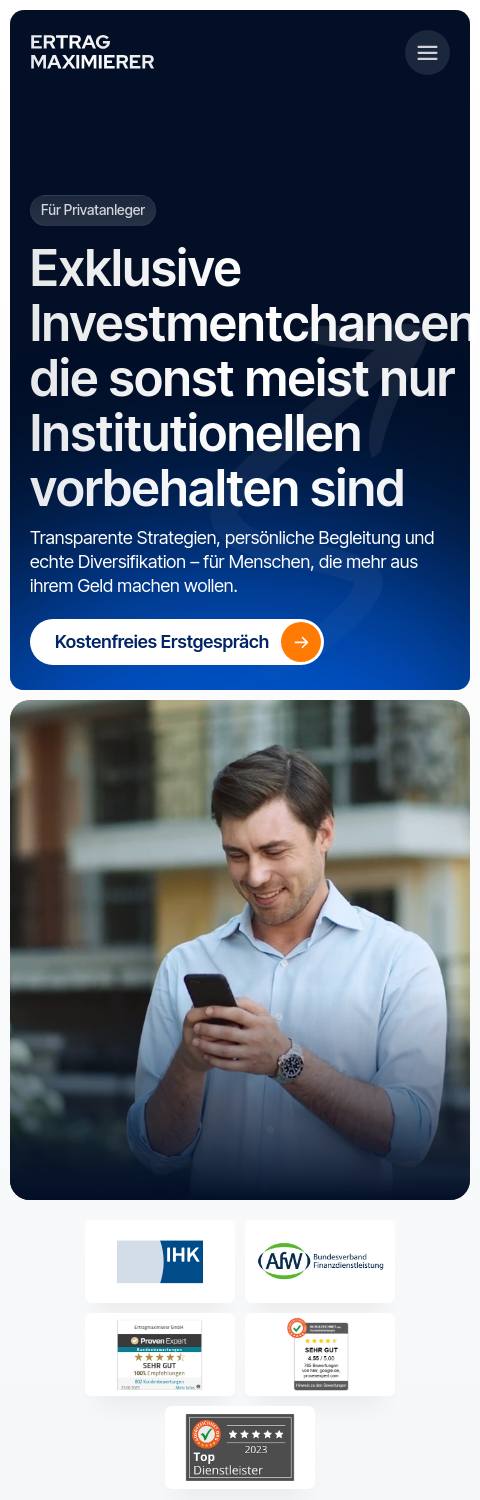 Das Bild zeigt einen Mobile Screenshot der vorgestellten Website