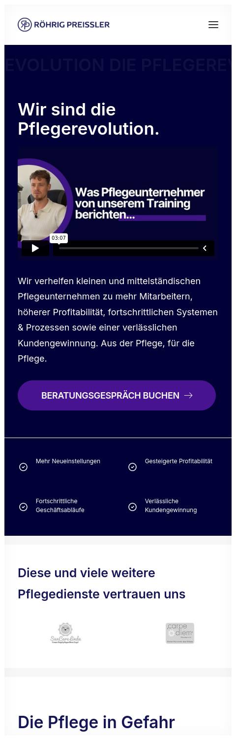 Website von Röhrig Preissler Consulting GmbH, Leverkusen in der Mobilansicht
