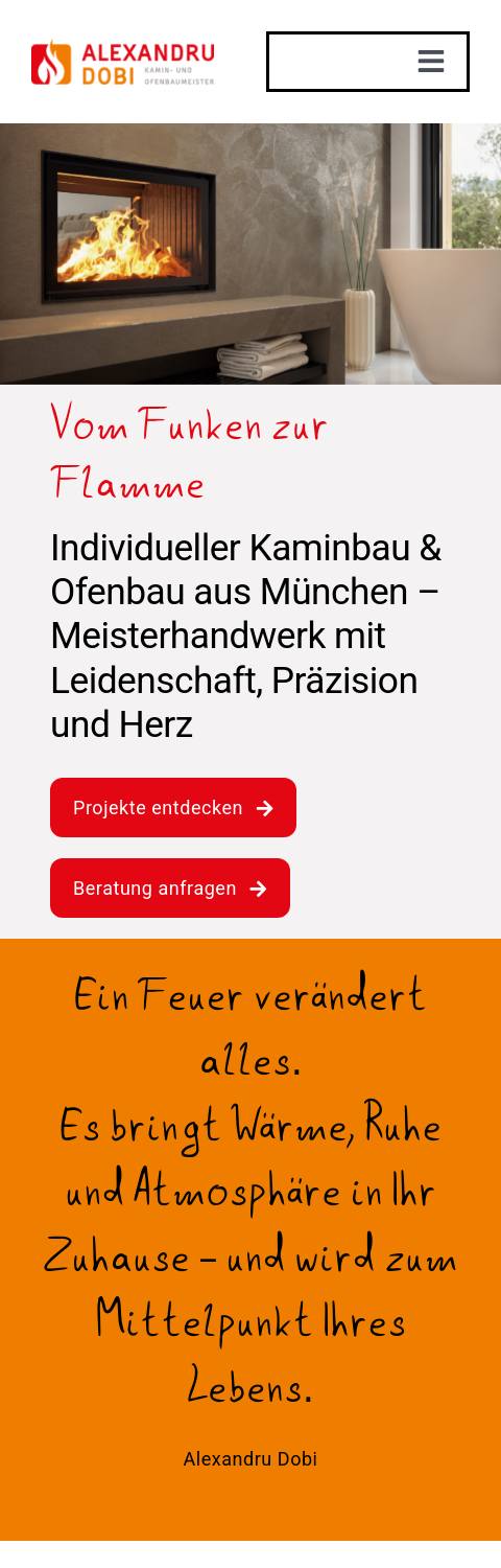 Website von Alexandru Dobi Kamin- und Ofenbaumeister, München in der Mobilansicht