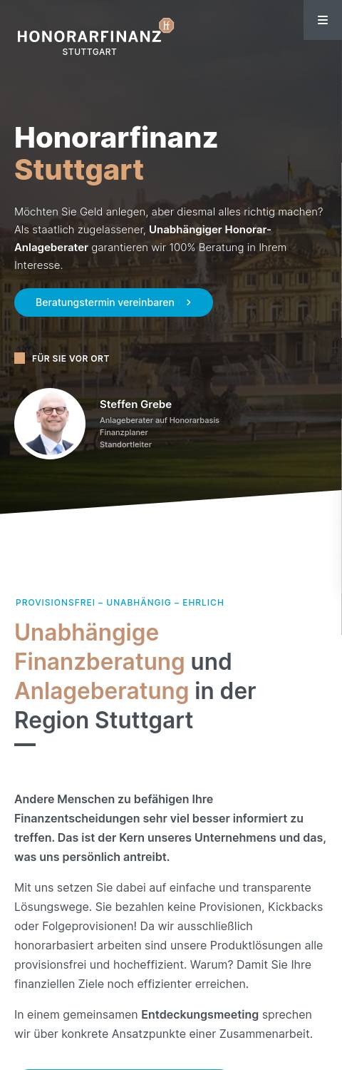 Website von Honorarfinanz Stuttgart, Landkreis Ludwigsburg in der Mobilansicht