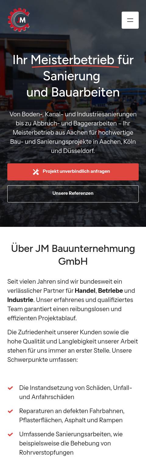 Website von JM Bauunternehmung GmbH, Aachen in der Mobilansicht