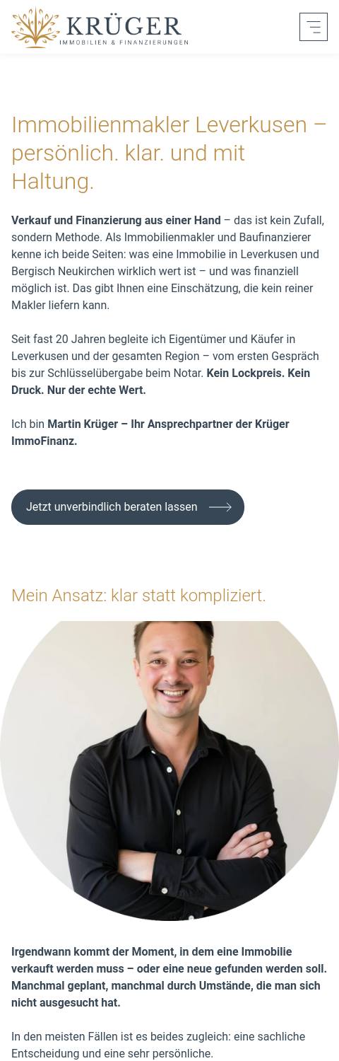 Website von Krüger ImmoFinanz, Leverkusen in der Mobilansicht
