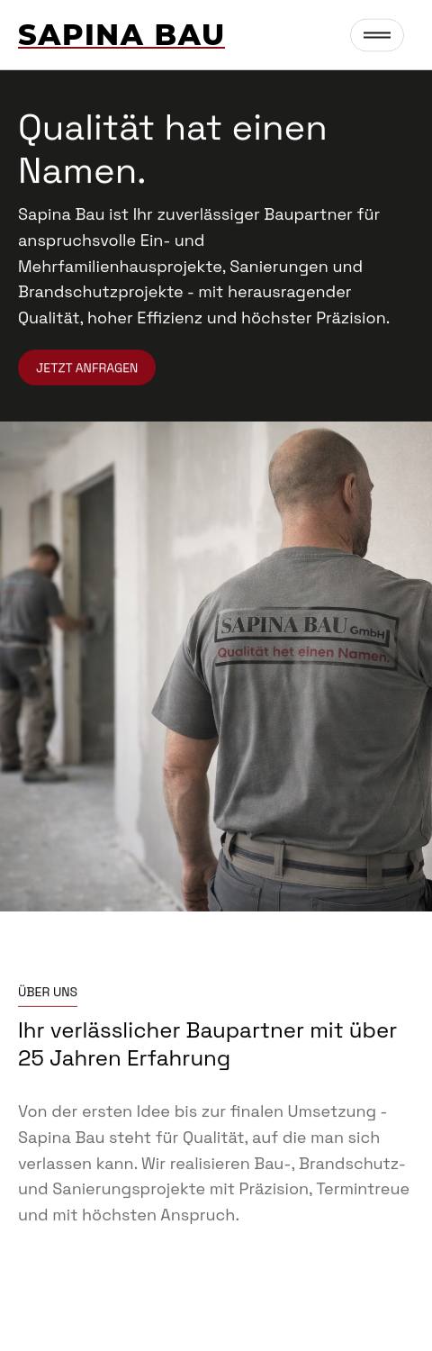 Website von Sapina Bau, München in der Mobilansicht