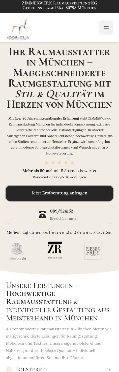 Website von ZIMMERWERK Raumausstattung, München in der Mobilansicht