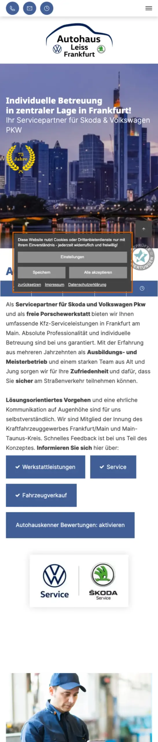 Website von Autohaus Leiss Frankfurt, Frankfurt am Main in der Mobilansicht