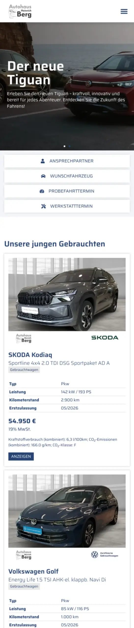 Website von Autohaus Heinrich Berg, Kreis Ostholstein in der Mobilansicht