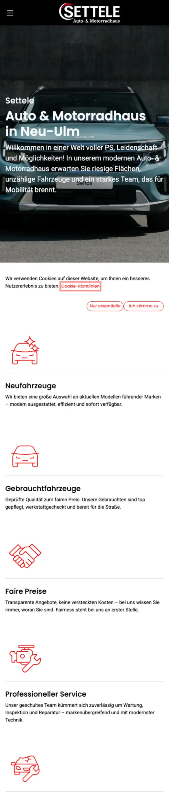 Website von Settele Auto‑ & Motorradhaus, Landkreis Neu-Ulm in der Mobilansicht