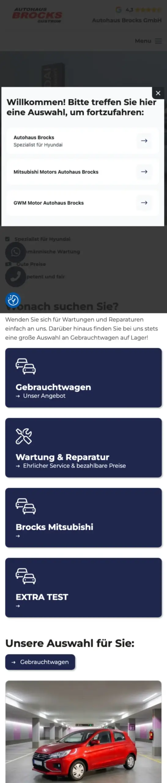 Website von Autohaus Brocks, Landkreis Rostock in der Mobilansicht