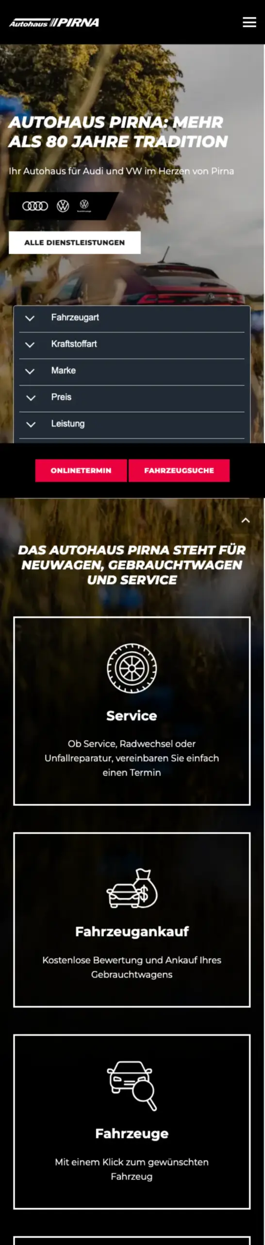 Website von Autohaus Pirna, Landkreis Sächsische Schweiz-Osterzgebirge in der Mobilansicht