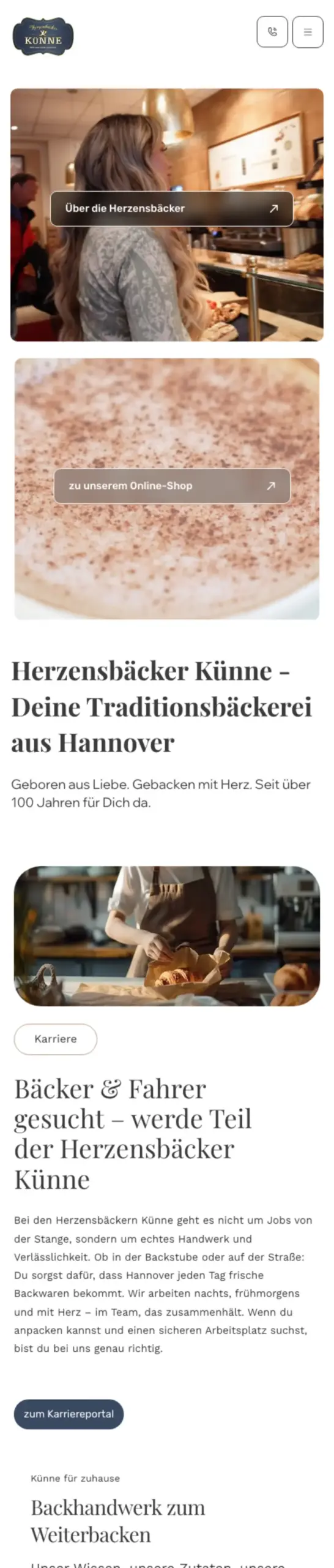 Website von Herzensbäcker Künne GmbH & Co. KG, Hannover in der Mobilansicht