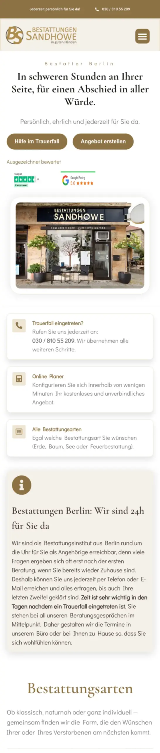 Website von Bestattungen Sandhowe, Berlin in der Mobilansicht