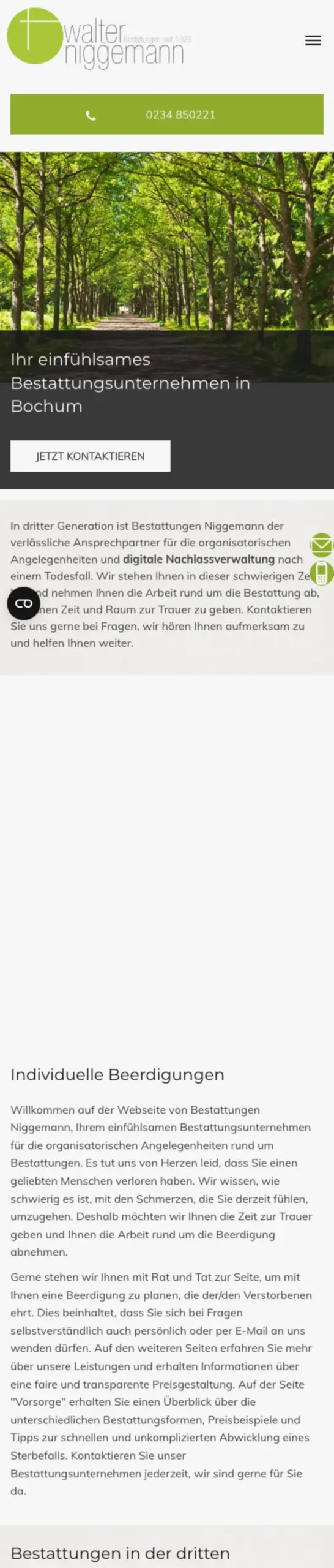 Website von Bestattungen Niggemann, Bochum in der Mobilansicht