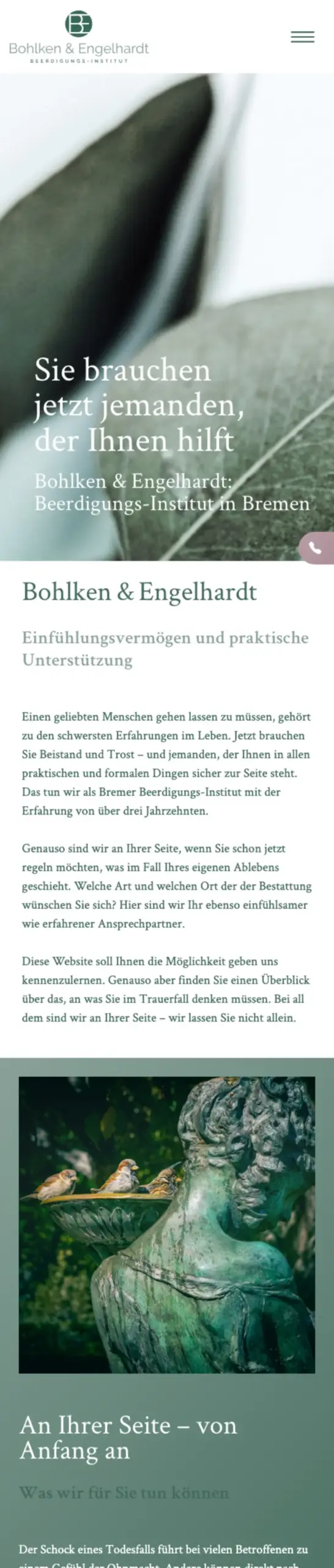 Website von Bohlken & Engelhardt: Beerdigungs-Institut, Bremen in der Mobilansicht
