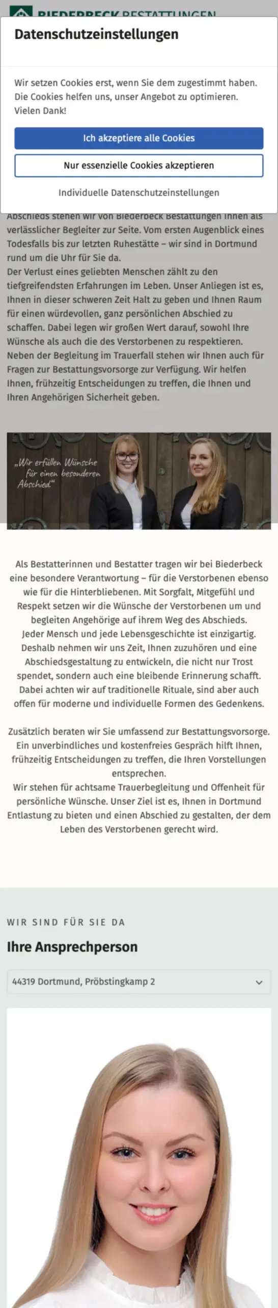 Website von Biederbeck Bestattungen, Dortmund in der Mobilansicht
