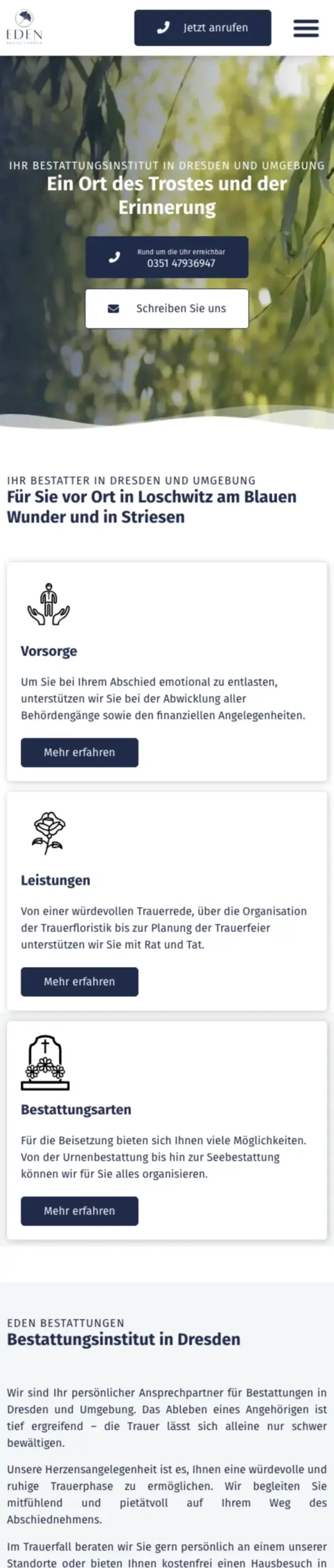 Website von EDEN Bestattungen, Dresden in der Mobilansicht