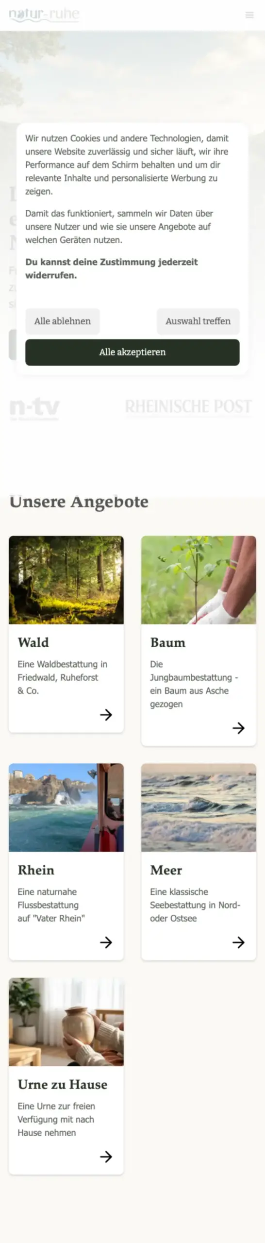 Website von Natur-Ruhe.de, Düsseldorf in der Mobilansicht