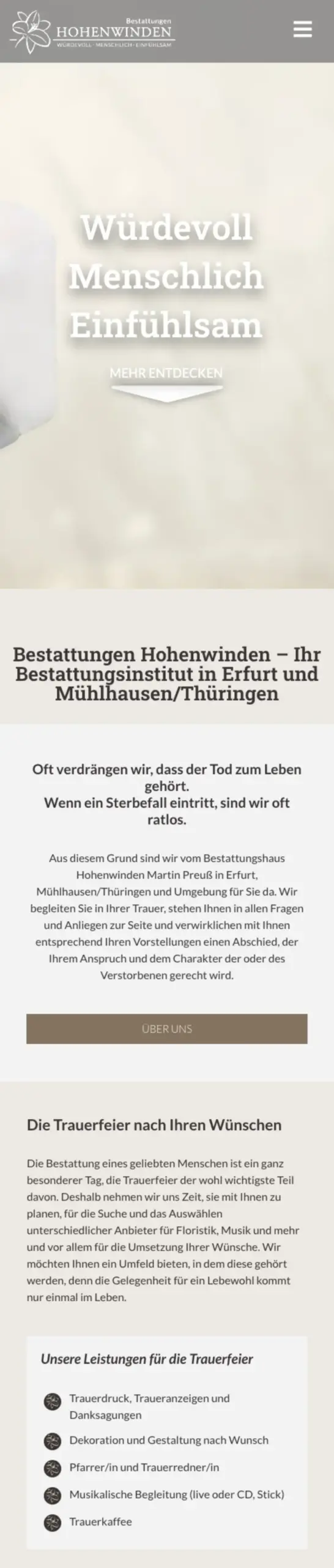 Website von Bestattungen Hohenwinden, Erfurt in der Mobilansicht