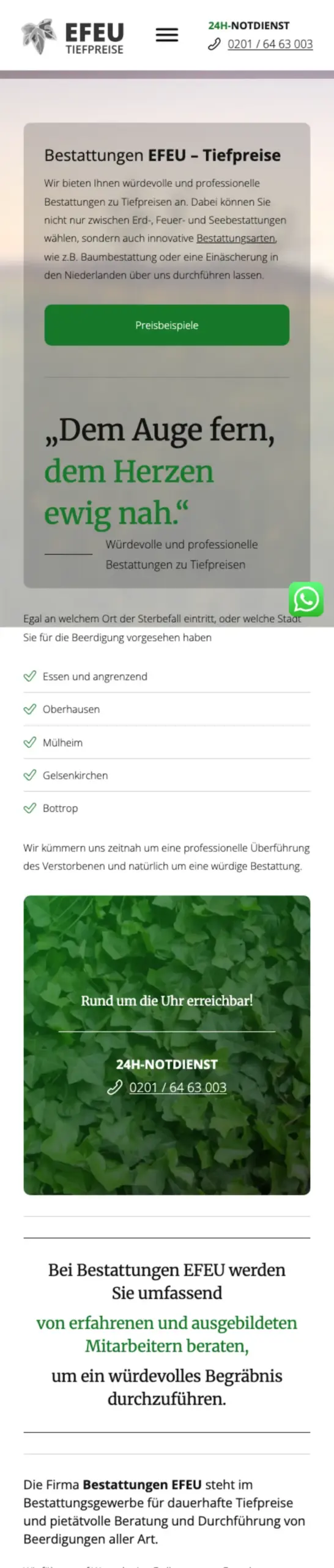 Website von Bestattungen Efeu, Essen in der Mobilansicht