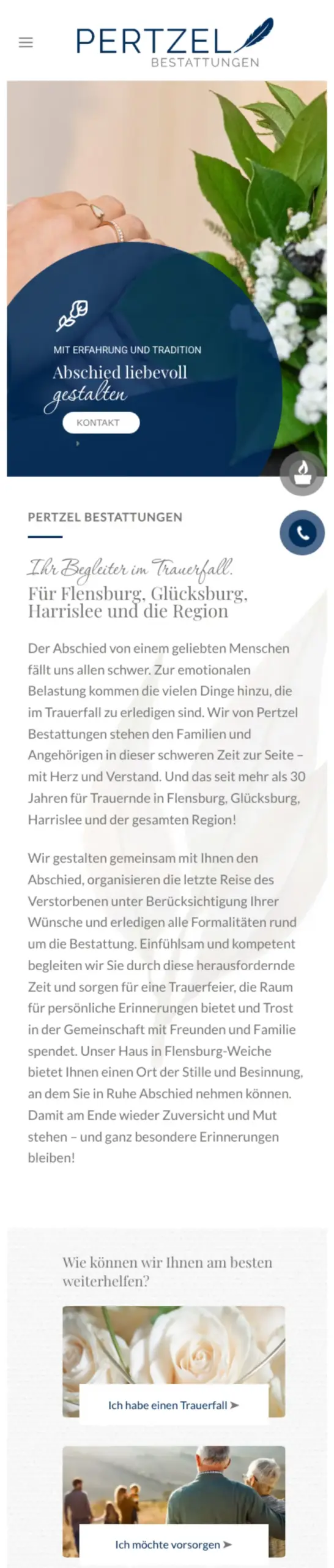 Website von Pertzel Bestattungen, Flensburg in der Mobilansicht