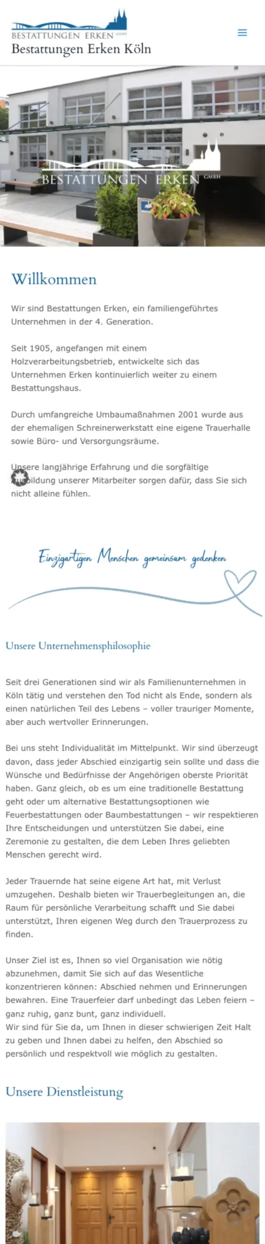 Website von Bestattungen Erken, Köln in der Mobilansicht