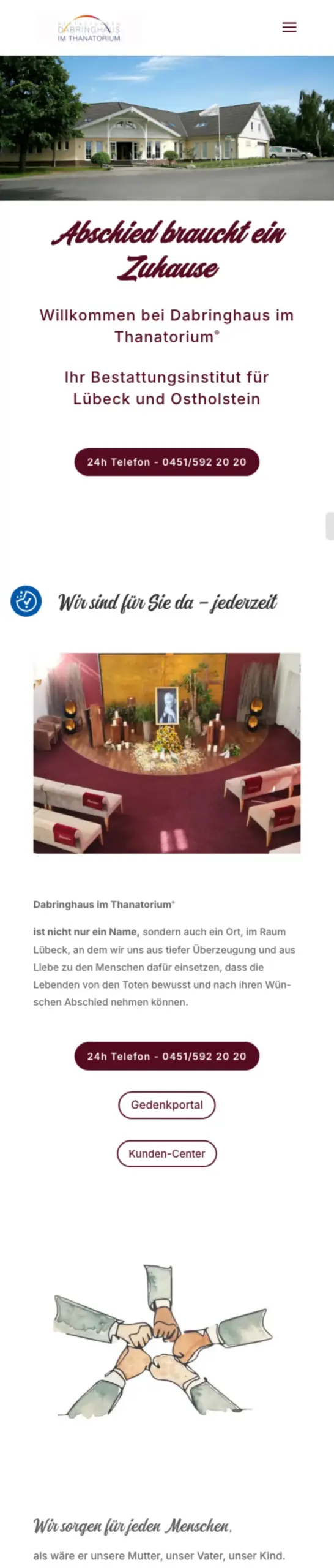 Website von Bestattungen Dabringhaus, Kreis Ostholstein in der Mobilansicht
