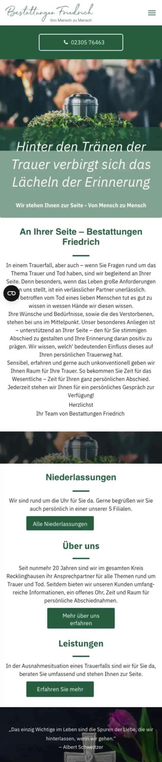 Website von Friedrich Bestattungen, Kreis Recklinghausen in der Mobilansicht