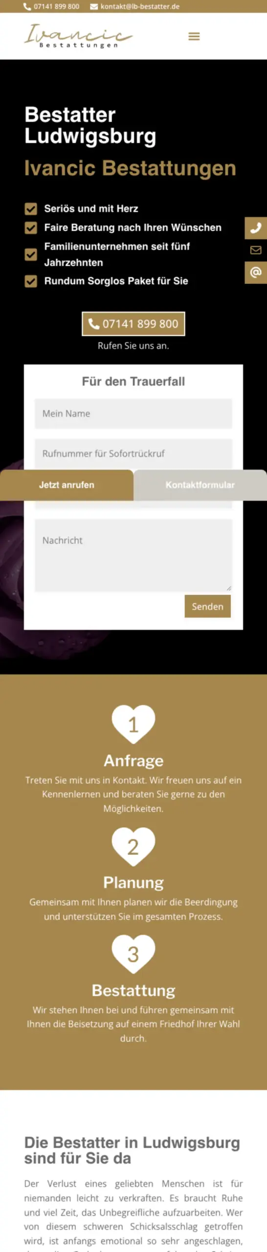 Website von Ivancic Bestattungen, Landkreis Ludwigsburg in der Mobilansicht