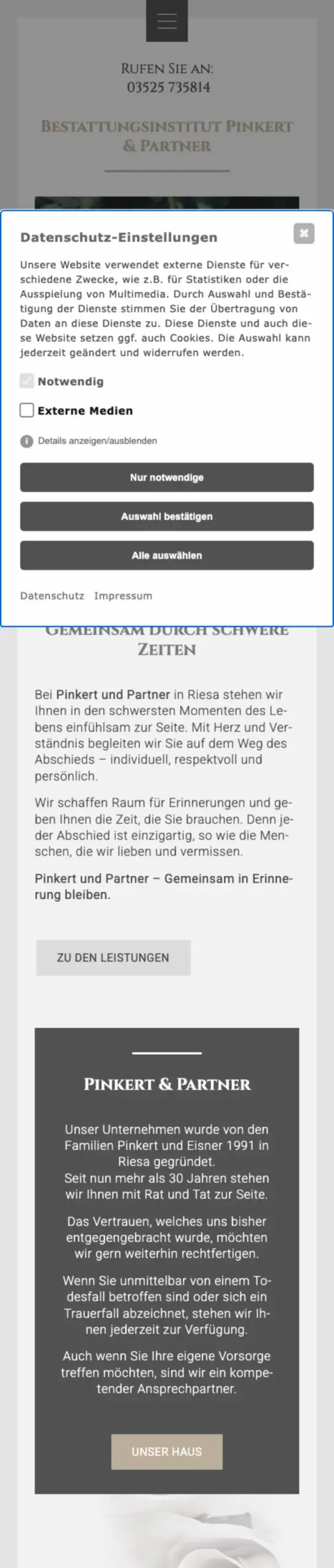 Website von Bestattungsinstitut Pinkert & Partner, Landkreis Meißen in der Mobilansicht