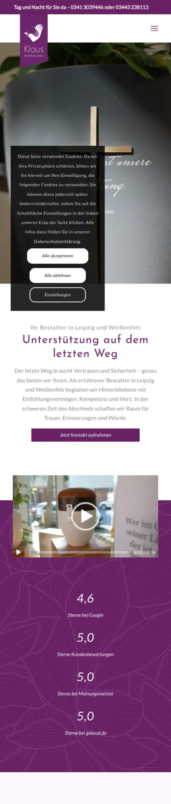 Website von Bestattungshaus Klaus, Leipzig in der Mobilansicht