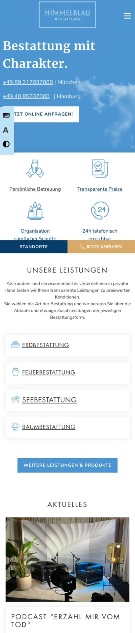 Website von Bestattung Himmelblau, München in der Mobilansicht
