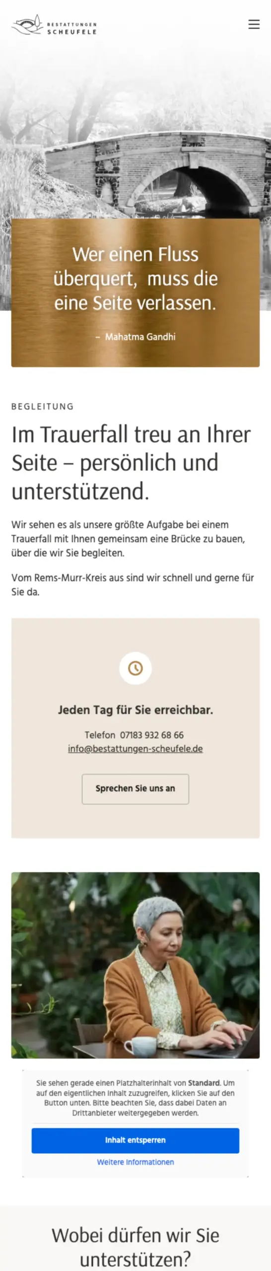 Website von Bestattungen Scheufele, Rems-Murr-Kreis in der Mobilansicht