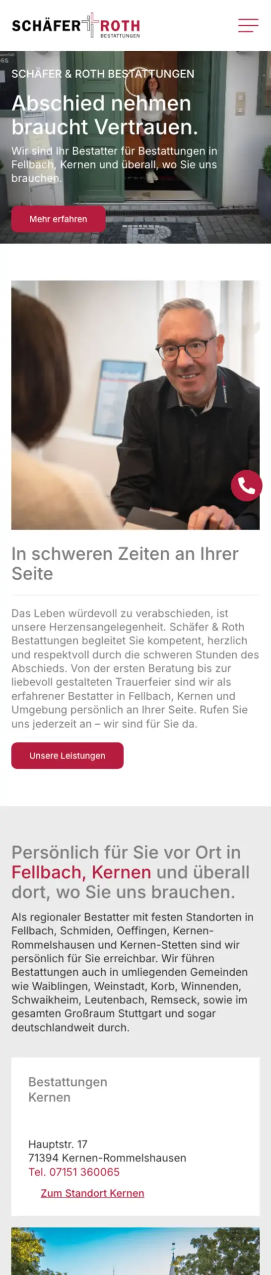 Website von Schäfer & Roth Bestattungen, Rems-Murr-Kreis in der Mobilansicht