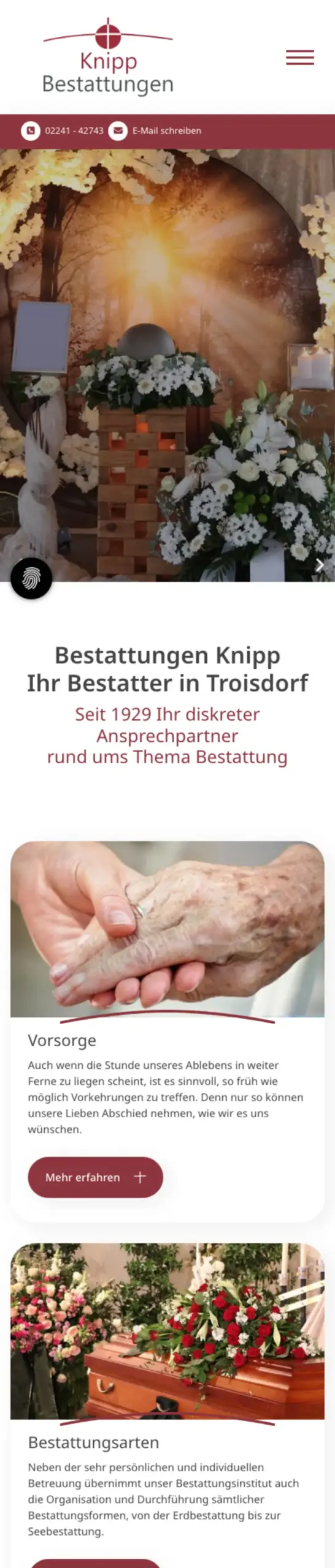 Website von Knipp Bestattungen, Rhein-Sieg-Kreis in der Mobilansicht