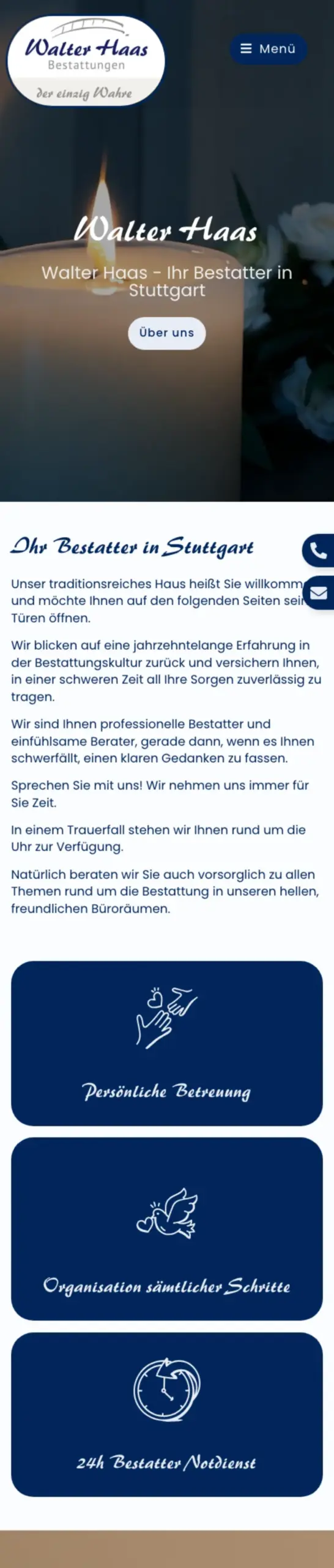 Website von Walter Haas Bestattungen, Stuttgart in der Mobilansicht