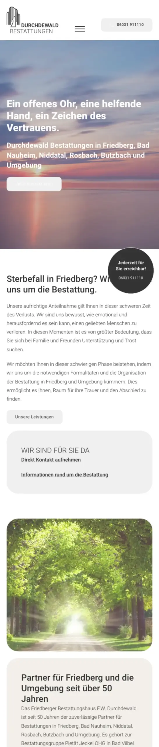 Website von Durchdewald Bestattungen Friedberg, Wetteraukreis in der Mobilansicht