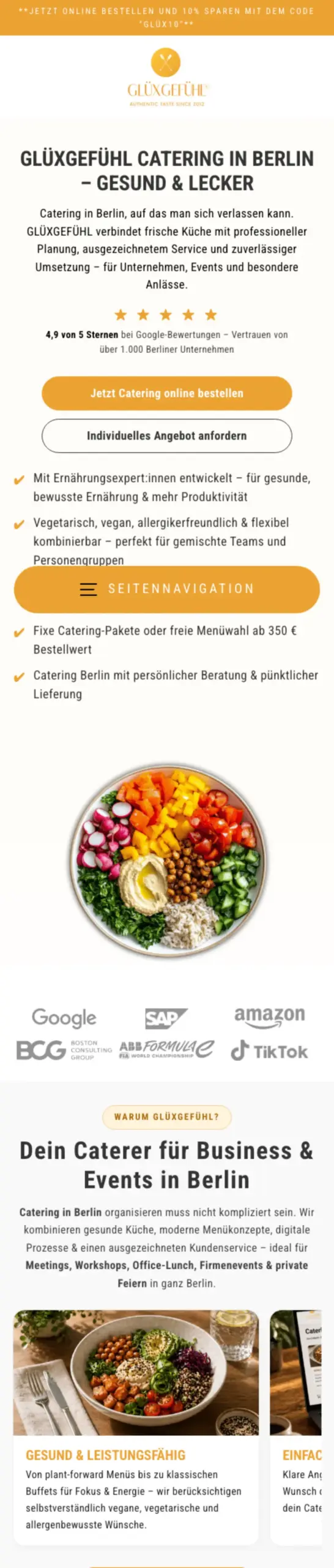 Website von Glüxgefühl Catering Company, Berlin in der Mobilansicht