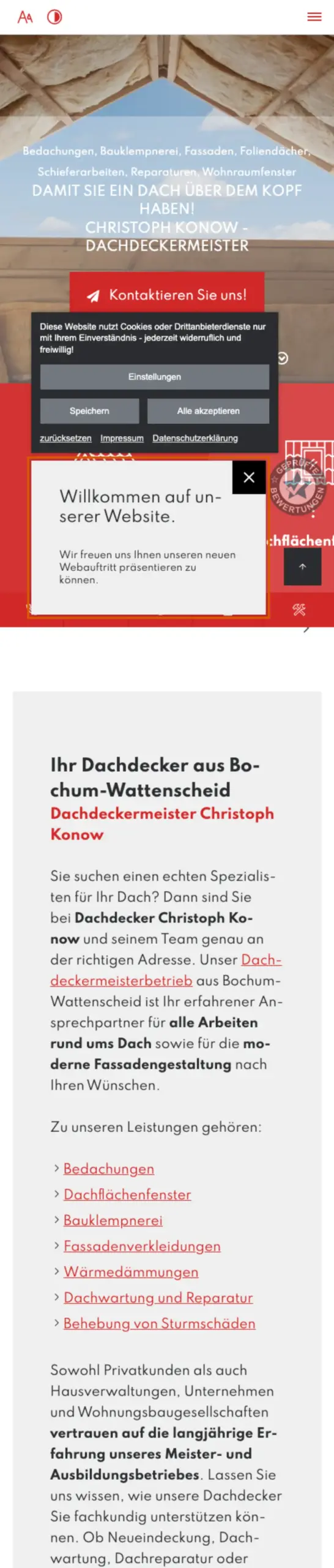 Website von Dachdeckermeister Christoph Konow, Bochum in der Mobilansicht