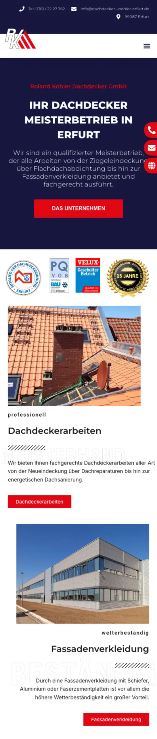 Website von Roland Köhler Dachdecker GmbH, Erfurt in der Mobilansicht