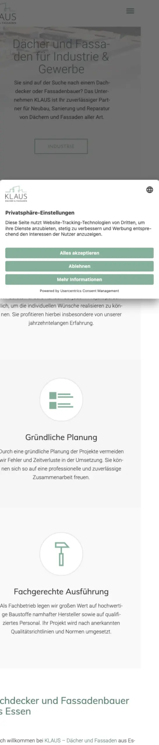 Website von KLAUS Dächer & Fassaden, Essen in der Mobilansicht