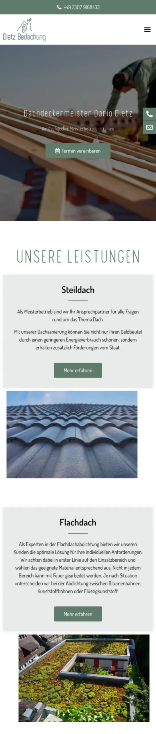 Website von Dietz Bedachung, Kreis Unna in der Mobilansicht