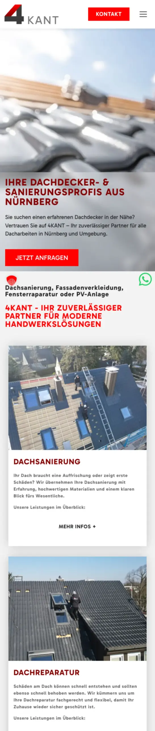 Website von 4KANT Dachdecker, Nürnberg in der Mobilansicht