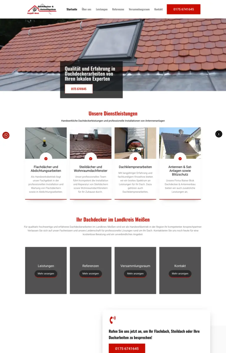 Startseite der Website von Dachdecker Rainer Biok aus Priestewitz Ortsteil Kmehlen in der Desktop-Ansicht