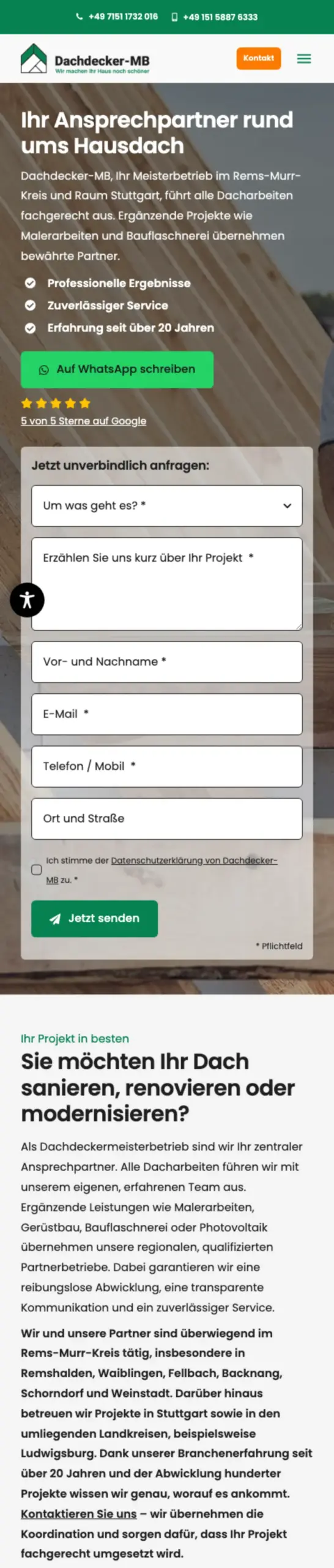 Website von Dachdecker‑MB, Rems-Murr-Kreis in der Mobilansicht