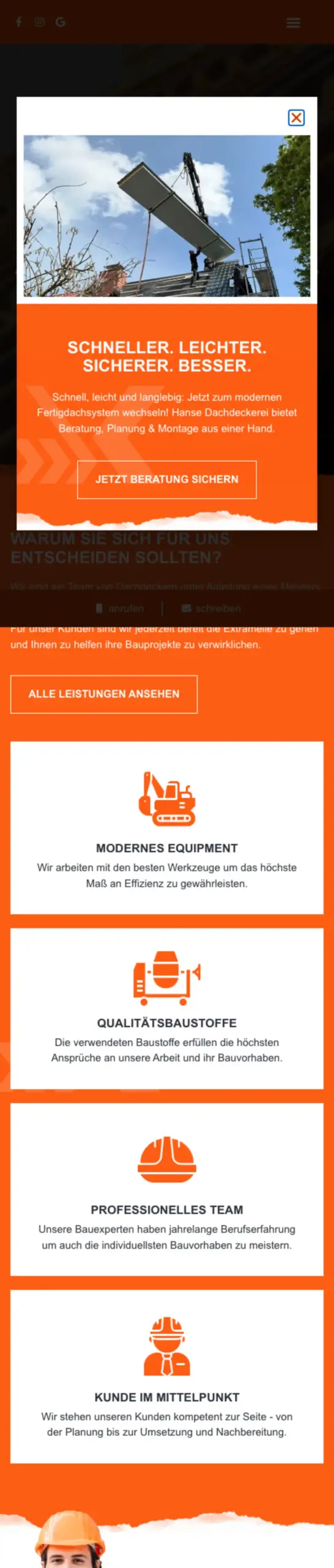 Website von Hanse Dachdeckerei, Rostock in der Mobilansicht