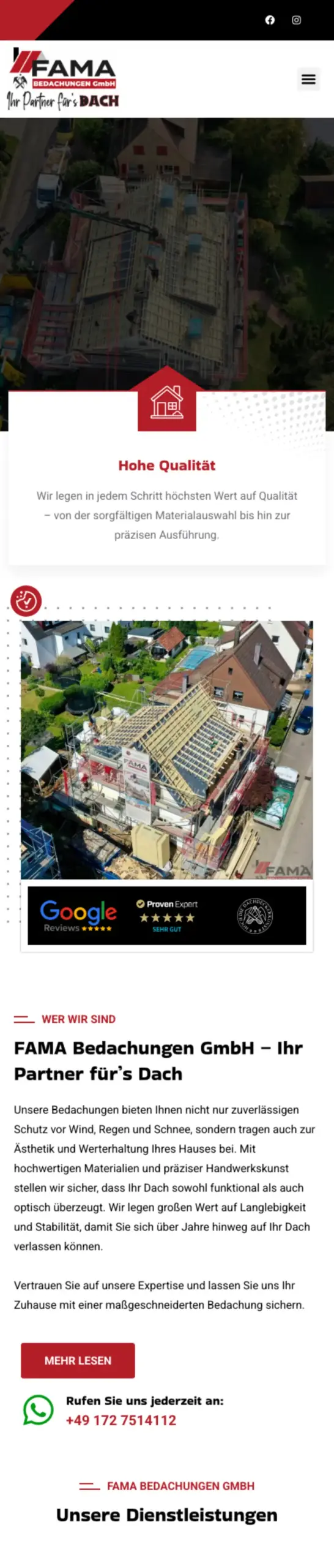 Website von FAMA Bedachungen, Stuttgart in der Mobilansicht