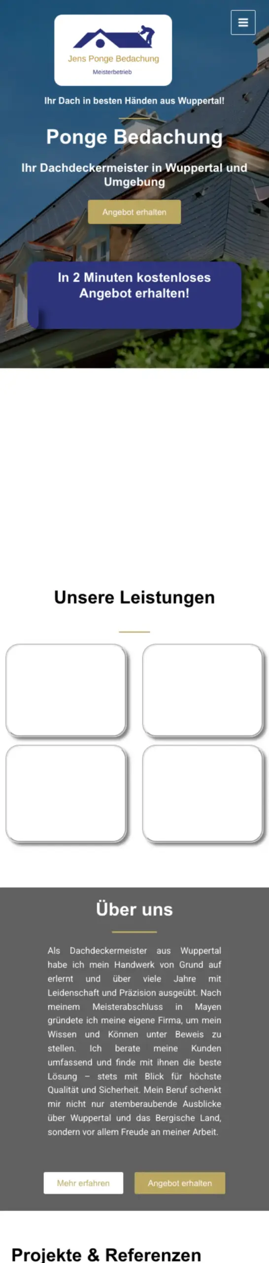 Website von Ponge Bedachung, Wuppertal in der Mobilansicht