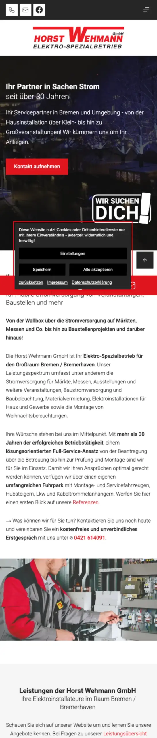 Website von Horst Wehmann GmbH Elektro-Spezialbetrieb, Bremen in der Mobilansicht