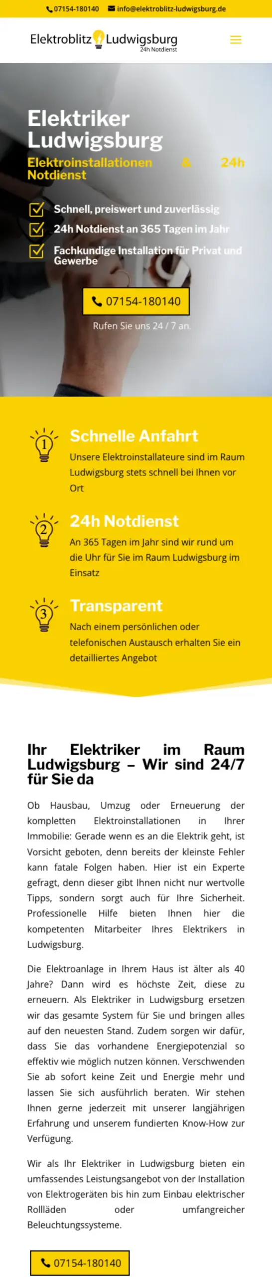 Website von Elektroblitz Ludwigsburg, Landkreis Ludwigsburg in der Mobilansicht