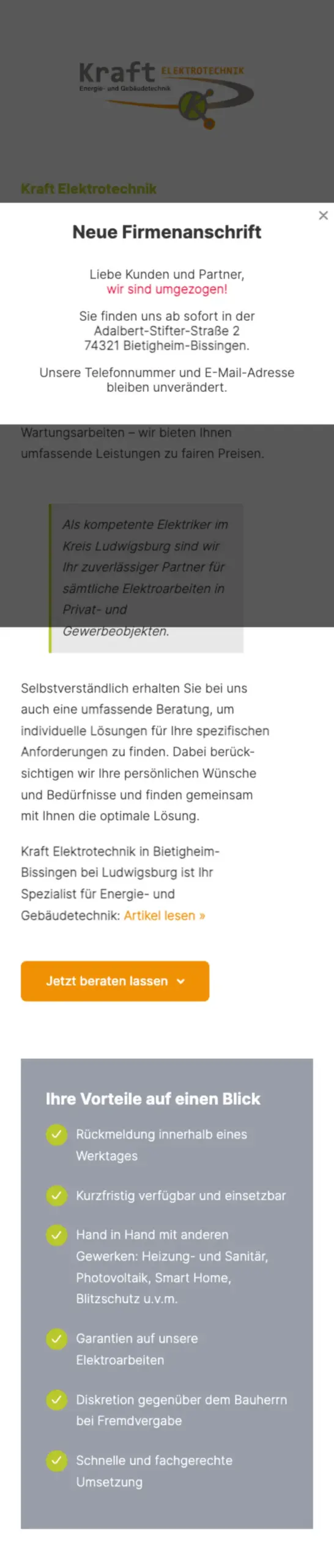 Website von Kraft Elektrotechnik, Landkreis Ludwigsburg in der Mobilansicht