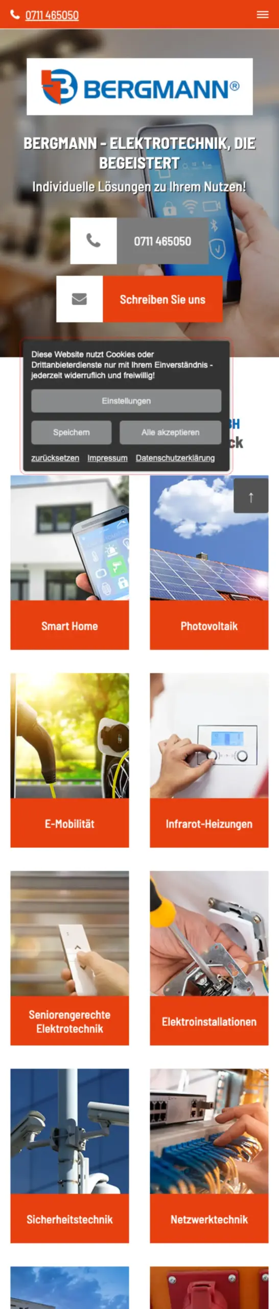 Website von Bergmann Elektrotechnik GmbH, Stuttgart in der Mobilansicht